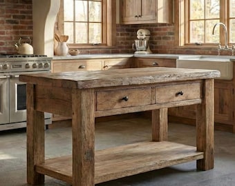 Isla de cocina de borde vivo hecha a mano: estilo rústico de granja con espacio de almacenamiento