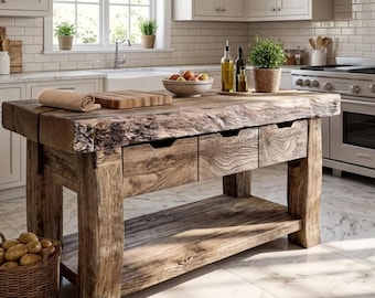 Isla de cocina de borde vivo hecha a mano: estilo rústico de granja con espacio de almacenamiento