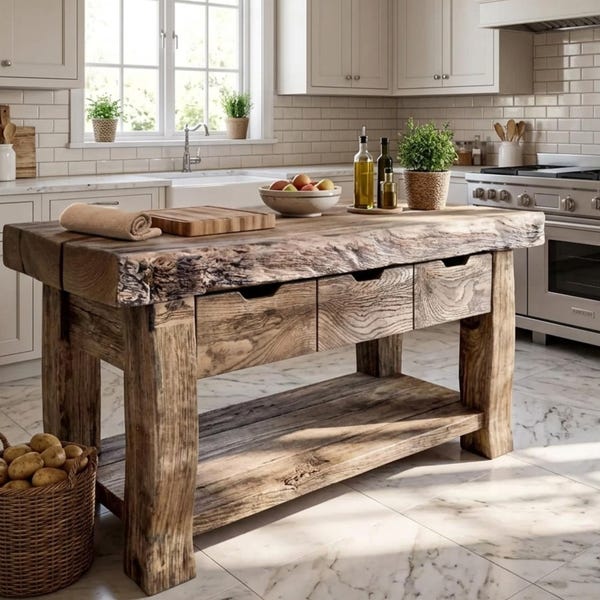 Handmade Live Edge Kitchen Island: Rustic Farmhouse Style with Storage