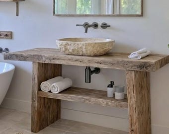 Rustic Wooden Bathroom Vanity – Custom Handmade Farmhouse Sink Shelf, Live Edge Wood Cabinet