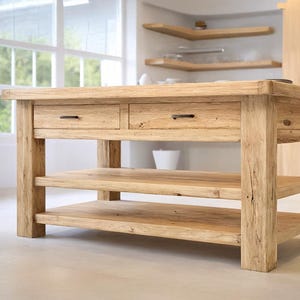Rustic Wooden Kitchen Island – Custom Handmade Farmhouse Style with Storage Shelf, Live Edge Table