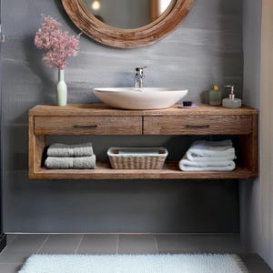 Rustic Wooden Bathroom Vanity – Custom Handmade Farmhouse Sink Shelf, Live Edge Wood Cabinet