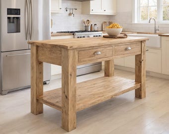 Rustic Wooden Kitchen Island – Custom Handmade Farmhouse Style with Storage Shelf, Live Edge Table
