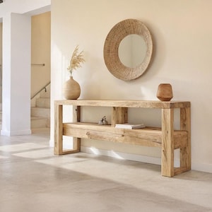 Consola rústica de madera: estilo rústico personalizado, entrada de madera maciza con borde natural y cómoda para el pasillo.
