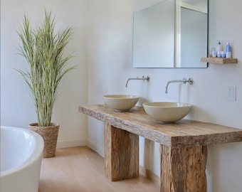 Tocador de baño rústico de madera: repisa para lavabo de estilo rústico, hecha a mano y gabinete de madera con borde natural.