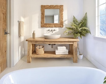 Rustic Wooden Bathroom Vanity – Custom Handmade Farmhouse Sink Shelf, Live Edge Wood Cabinet