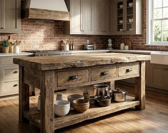 Handmade Live Edge Kitchen Island: Rustic Farmhouse Style with Storage