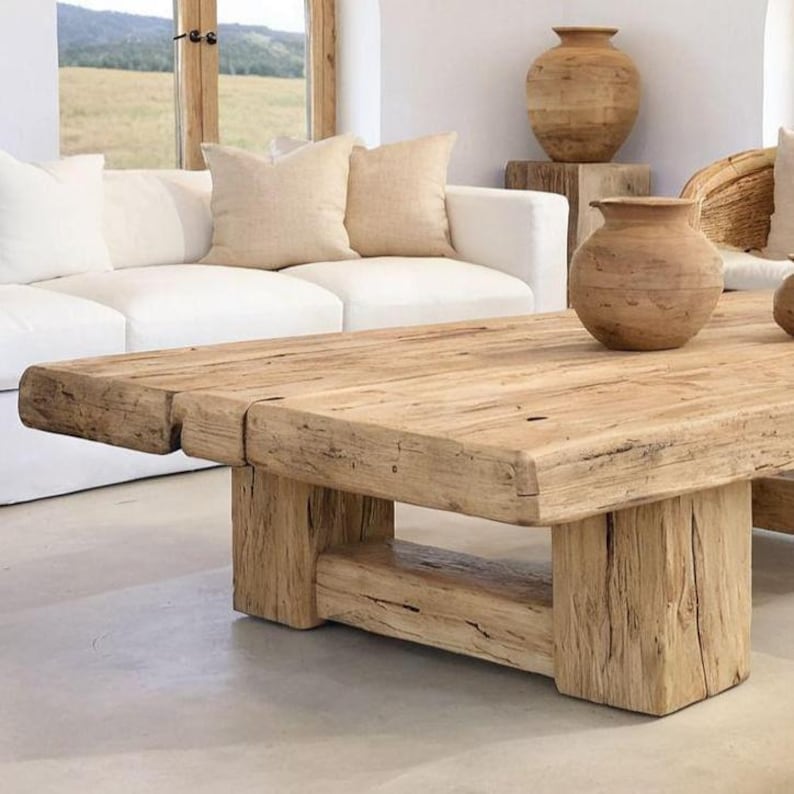 Rustic Wooden Coffee Table – Custom Handmade Farmhouse Style, Solid Rectangular Live Edge Wood Decor image 3