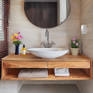 Rustic Wooden Bathroom Vanity – Custom Handmade Farmhouse Sink Shelf, Live Edge Wood Cabinet
