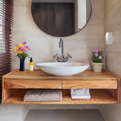 Rustic Wooden Bathroom Vanity – Custom Handmade Farmhouse Sink Shelf, Live Edge Wood Cabinet
