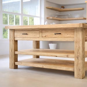 Rustic Wooden Kitchen Island – Custom Handmade Farmhouse Style with Storage Shelf, Live Edge Table