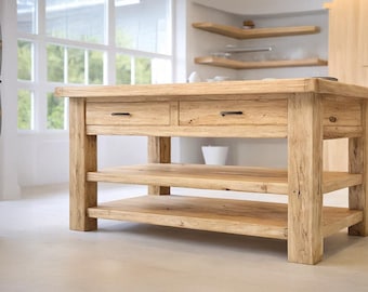 Rustic Wooden Kitchen Island – Custom Handmade Farmhouse Style with Storage Shelf, Live Edge Table
