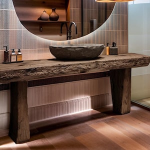 Rustic Wooden Bathroom Vanity – Custom Handmade Farmhouse Sink Shelf, Live Edge Wood Cabinet