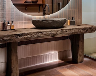 Rustic Wooden Bathroom Vanity – Custom Handmade Farmhouse Sink Shelf, Live Edge Wood Cabinet