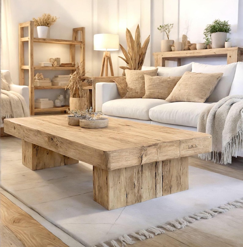 Rustic Wooden Coffee Table – Custom Handmade Farmhouse Style, Solid Rectangular Live Edge Wood Decor zdjęcie 5