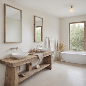 May include: A bathroom featuring a double vanity with a thick, reclaimed wood countertop and two white vessel sinks. Two rectangular wood-framed mirrors hang above the sinks. A white freestanding bathtub sits near a window with a view of trees.