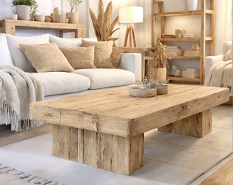 Rustic Wooden Coffee Table – Custom Handmade Farmhouse Style, Solid Rectangular Live Edge Wood Decor