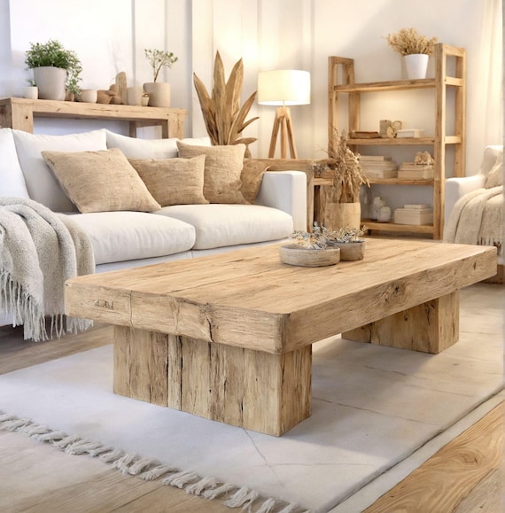 Rustic Wooden Coffee Table – Custom Handmade Farmhouse Style, Solid Rectangular Live Edge Wood Decor