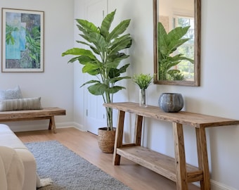 Consola rústica de madera: estilo rústico personalizado, entrada de madera maciza con borde natural y cómoda para el pasillo.