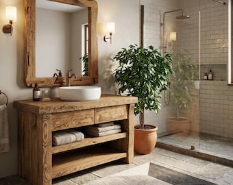 Tocador de baño rústico de madera: repisa para lavabo de estilo rústico, hecha a mano y gabinete de madera con borde natural.