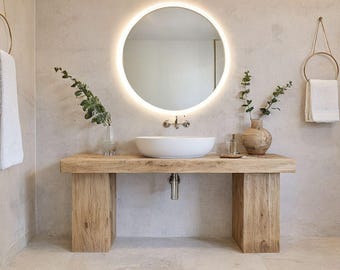Tocador de baño rústico de madera: repisa para lavabo de estilo rústico, hecha a mano y gabinete de madera con borde natural.