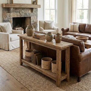 May include: A distressed wooden console table with a lower shelf, displaying woven baskets and books. The table is decorated with ceramic vases and is in a living room with a leather sofa, fireplace, and neutral decor. A jute rug covers the floor.