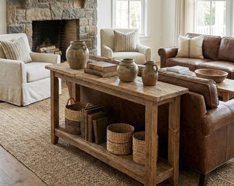 Consola rústica de madera: estilo rústico personalizado, entrada de madera maciza con borde natural y cómoda para el pasillo.