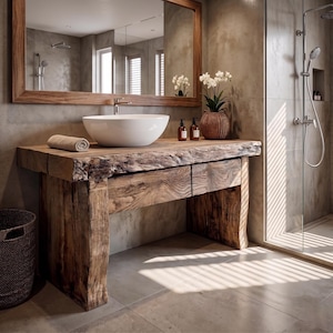 May include: A rustic wooden bathroom vanity with a white, oval sink and a large wooden-framed mirror. The vanity has a natural wood finish, two drawers, and a live edge. A rolled towel, soap dispensers, and a woven basket with flowers are on the countertop.