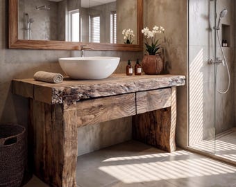 Rustic Wooden Bathroom Vanity – Custom Handmade Farmhouse Sink Shelf, Live Edge Wood Cabinet