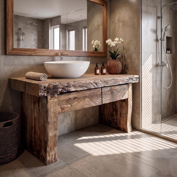 Rustic Wooden Bathroom Vanity – Custom Handmade Farmhouse Sink Shelf, Live Edge Wood Cabinet