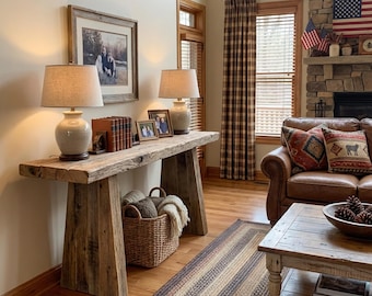 Consola rústica de madera: estilo rústico personalizado, entrada de madera maciza con borde natural y cómoda para el pasillo.