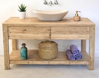 Rustic Wooden Bathroom Vanity – Custom Handmade Farmhouse Sink Shelf, Live Edge Wood Cabinet