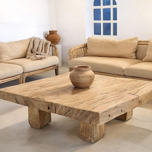 Rustic Wooden Coffee Table – Custom Handmade Farmhouse Style, Solid Rectangular Live Edge Wood Decor