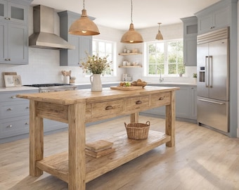 Rustic Wooden Kitchen Island – Custom Handmade Farmhouse Style with Storage Shelf, Live Edge Table