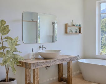 Tocador de baño rústico de madera: repisa para lavabo de estilo rústico, hecha a mano y gabinete de madera con borde natural.