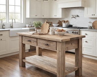 Rustic Wooden Kitchen Island – Custom Handmade Farmhouse Style with Storage Shelf, Live Edge Table