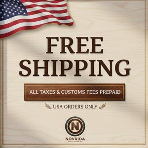 The image is an advertisement for free shipping, featuring an American flag and a wooden background. The text on the image reads "FREE SHIPPING" and "ALL TAXES & CUSTOMS FEES PREPAID".