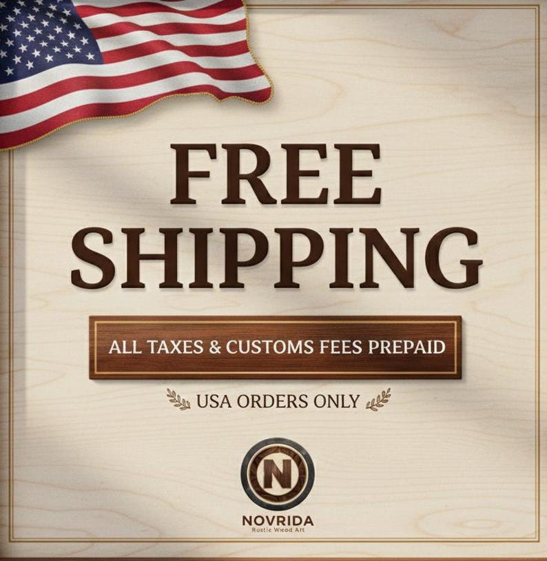 The image is an advertisement for free shipping, featuring an American flag and a wooden background. The text on the image reads "FREE SHIPPING" and "ALL TAXES & CUSTOMS FEES PREPAID".