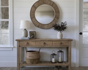 Consola rústica de madera: estilo rústico personalizado, entrada de madera maciza con borde natural y cómoda para el pasillo.