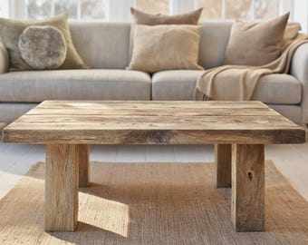 Mesa de centro rústica de madera: estilo rústico, hecha a mano y personalizada, con borde natural y rectangular.