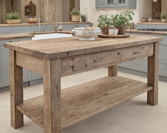 Isla de cocina rústica de madera: estilo rústico hecho a mano, con estante de almacenamiento y mesa de borde natural.