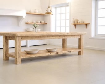 Rustic Wooden Kitchen Island – Custom Handmade Farmhouse Style with Storage Shelf, Live Edge Table