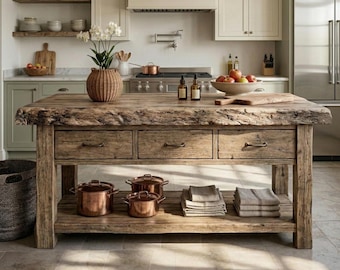 Isla de cocina de borde vivo hecha a mano: estilo rústico de granja con espacio de almacenamiento