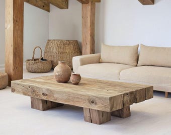 Rustic Wooden Coffee Table – Custom Handmade Farmhouse Style, Solid Rectangular Live Edge Wood Decor
