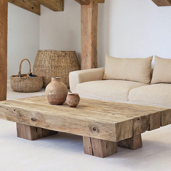 Rustic Wooden Coffee Table – Custom Handmade Farmhouse Style, Solid Rectangular Live Edge Wood Decor