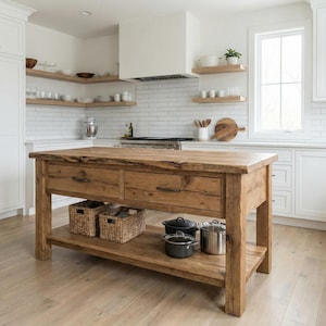 Può includere: Un'isola da cucina rettangolare in legno naturale con bordo irregolare, dotata di due ampi cassetti con maniglie in metallo scuro. La base include un ripiano aperto che ospita due cesti in vimini intrecciato e due pentole in acciaio inox.