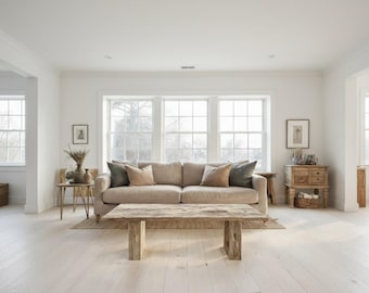 Mesa de centro rústica de madera: estilo rústico, hecha a mano y personalizada, con borde natural y rectangular.