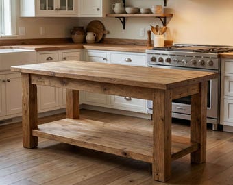 Isla de cocina rústica de madera: estilo rústico hecho a mano, con estante de almacenamiento y mesa de borde natural.