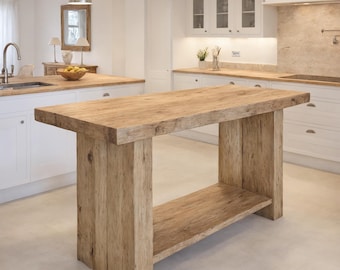 Rustic Wooden Kitchen Island – Custom Handmade Farmhouse Style with Storage Shelf, Live Edge Table