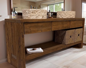 Rustic Wooden Bathroom Vanity – Custom Handmade Farmhouse Sink Shelf, Live Edge Wood Cabinet